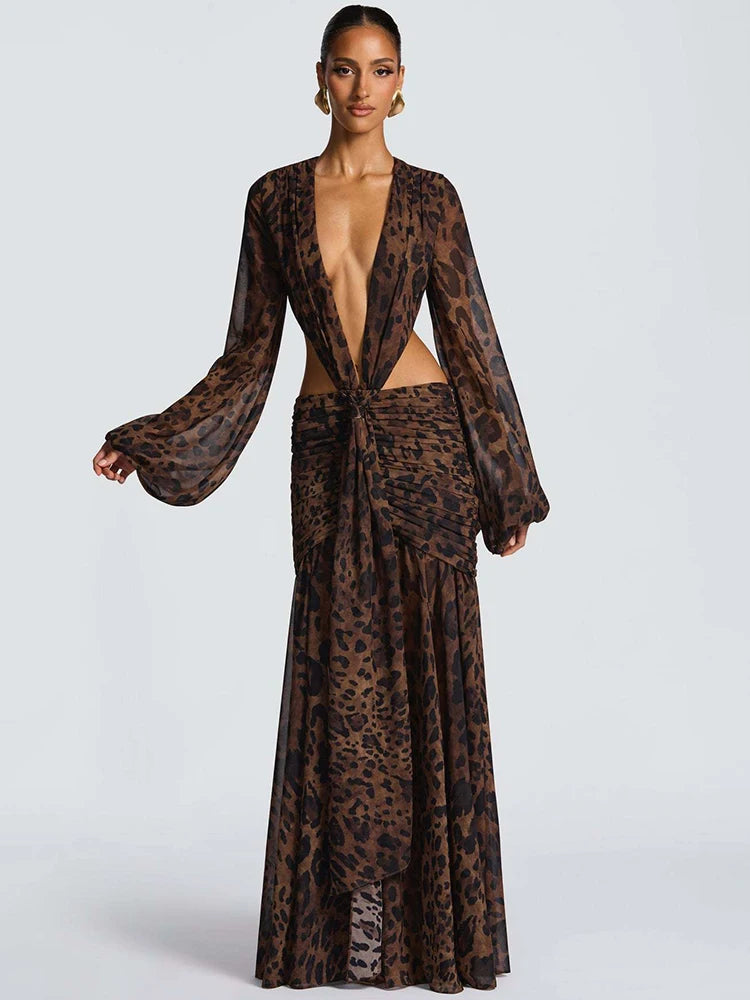 Zanisse Long Sleeve Plunge Maxi Dress – Backless Ruched Evening Gown for Elegant Occasionwear, Parties & Wedding Guest Outfits