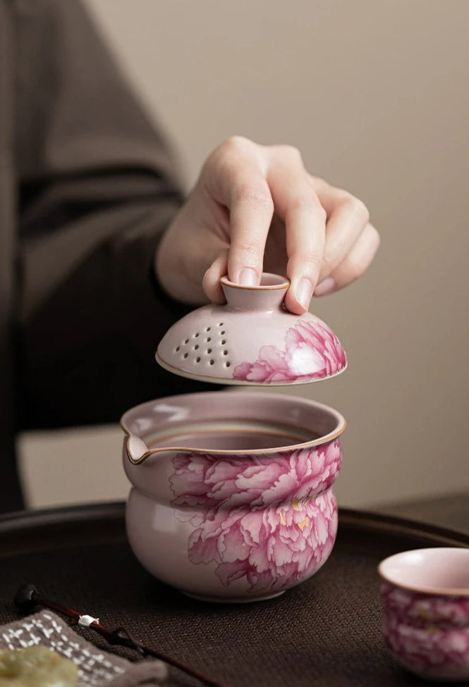 Peony Bloom Handmade Tea Set – Portable Ceramic Travel Tea Set with Teapot and Cups, Floral Tea Set Gift with Case