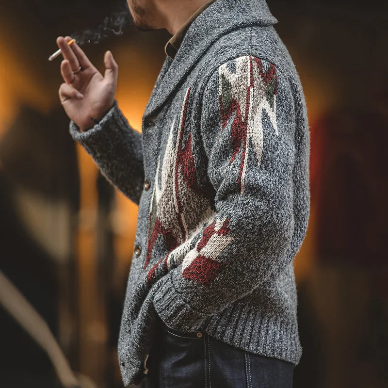 Ashworth Shawl Collar Cardigan – Men's Thick Knit Geometric Button-Up Wool Blend Jumper