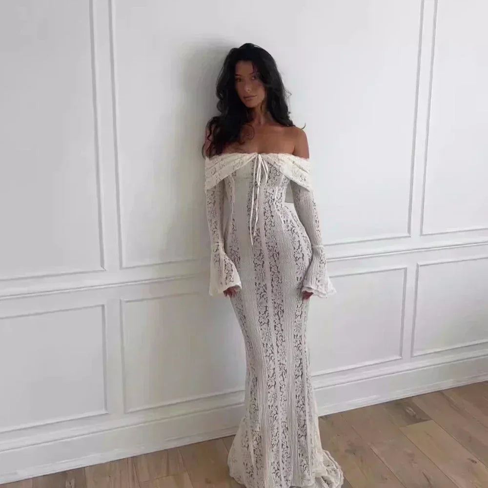 Sarisse Off Shoulder Lace Maxi Dress – Ivory or Black Summer Wedding Guest & Holiday Dress