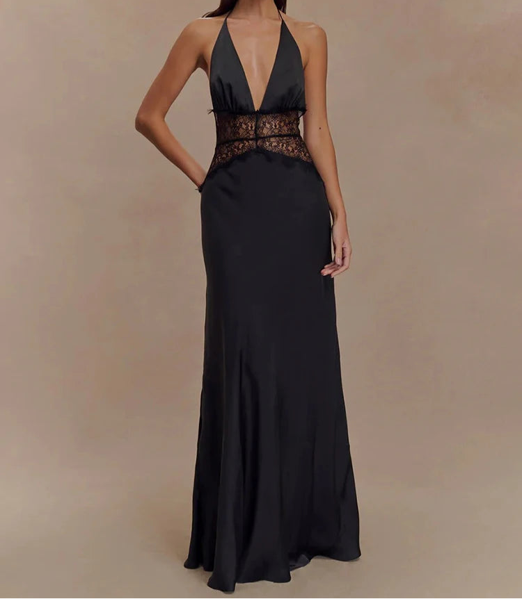Alvara Halterneck Lace Panel Maxi Dress – Backless Sleeveless Occasion Gown