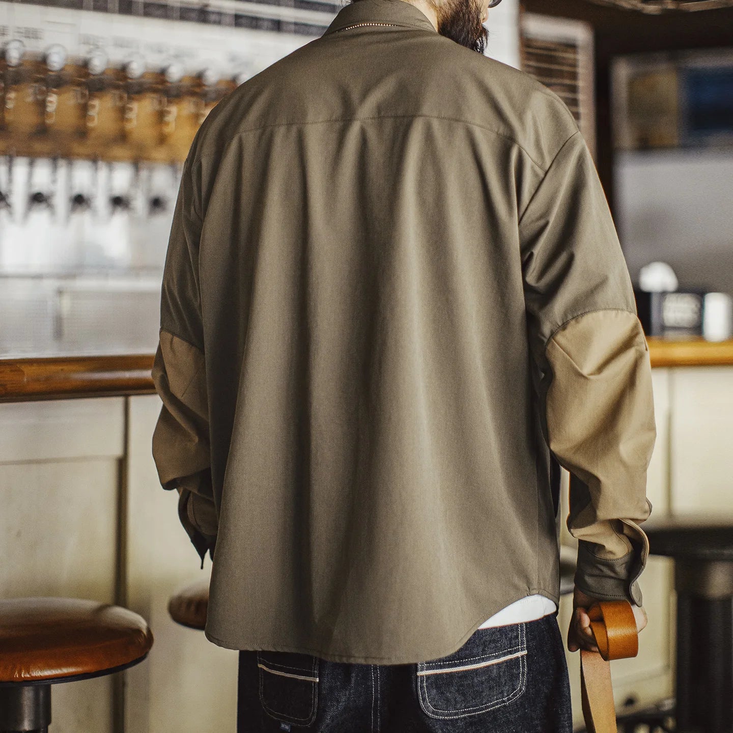Cavaro Men’s Relaxed Fit Button-Up Utility Shirt – Brown Long Sleeve Casual Overshirt with Elbow Patch Detail