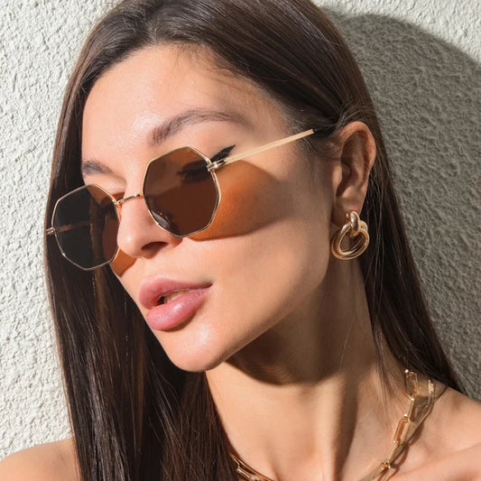 Zaria Geometric Gold Frame Sunglasses – Octagon Retro UV Shades for Women