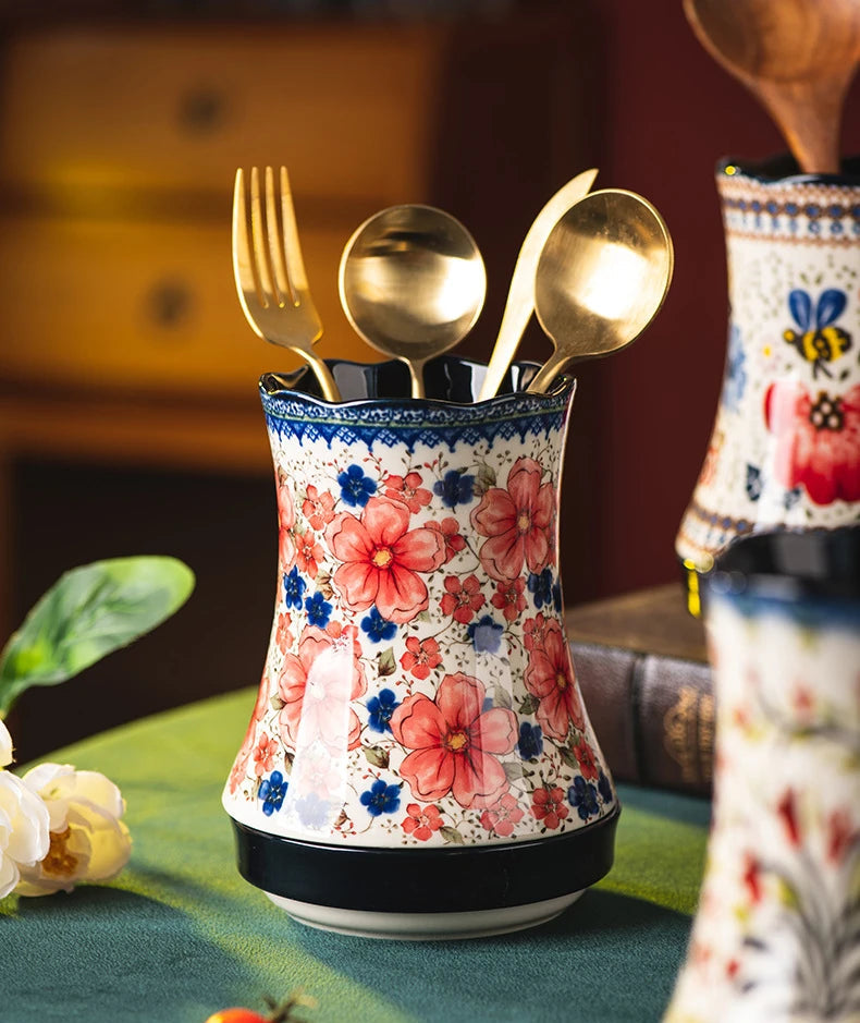 Floria Ceramic Utensil Holder – Floral Kitchen Utensil Caddy with Drain Base, Cutlery Holder, Spoon Fork Storage Organiser