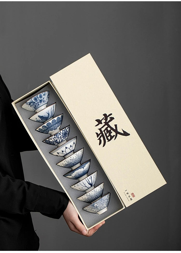 Renshiro Ceramic Tea Bowl Gift Set – 10 Piece Blue and White Tea Cups Set with Gift Box for Tea Serving and Tableware