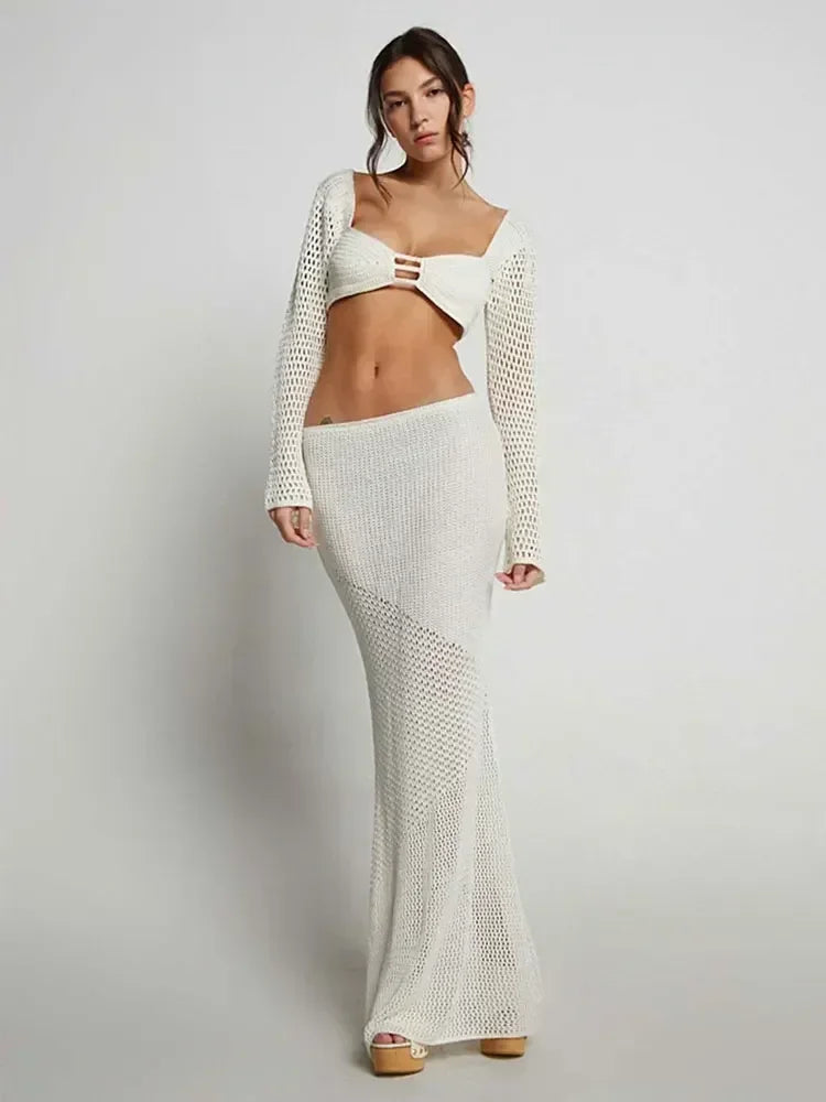 Seraya Crochet 2 Piece Maxi Skirt Set – Long Sleeve Cut Out Top Backless Beach Club Outfit & Swimwear Cover Up