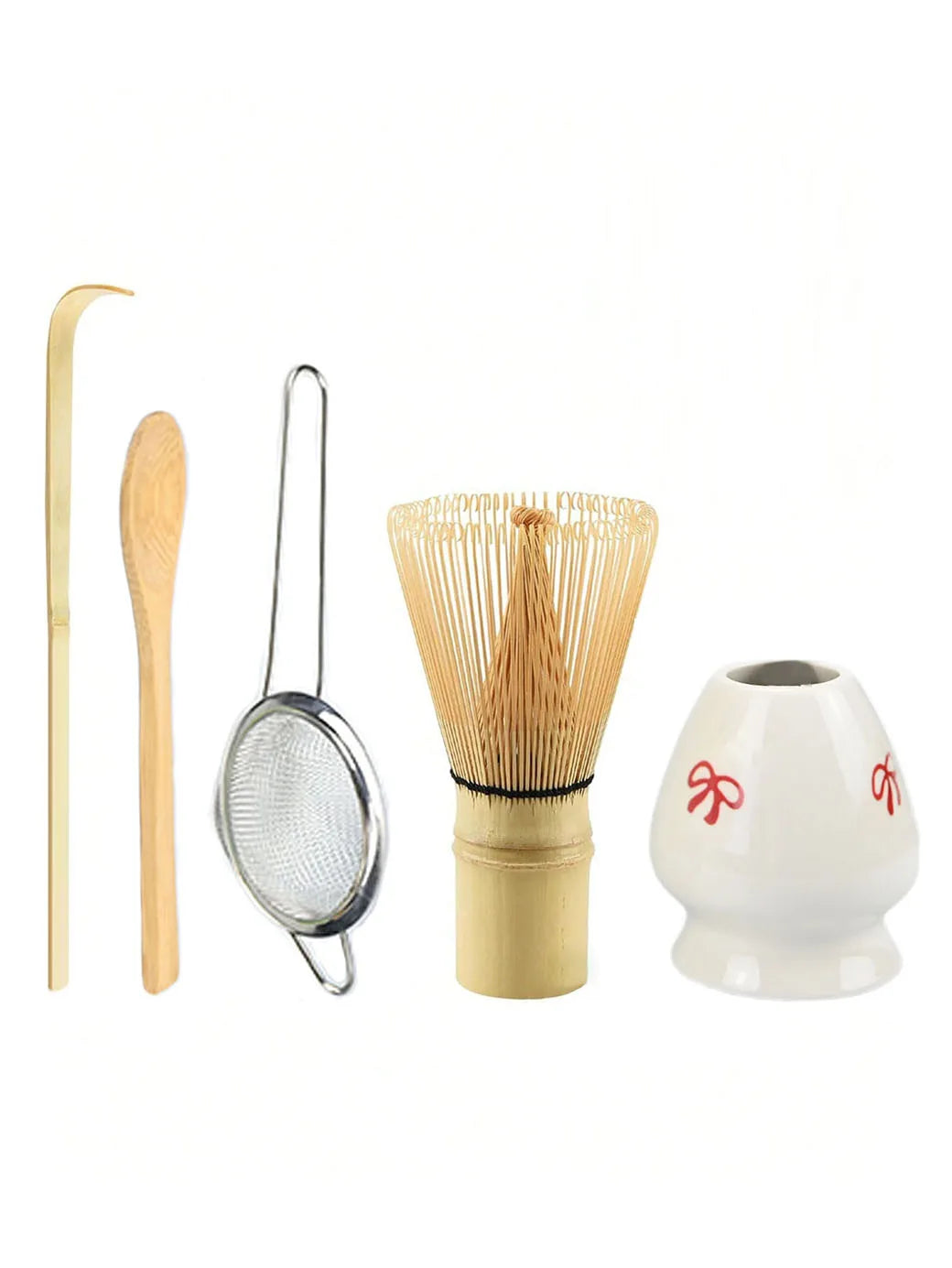 Bamboo Matcha Whisk & Tea Tool Set – 4 & 5-Piece Japanese Matcha Kit with Scoop, Strainer & Whisk Holder
