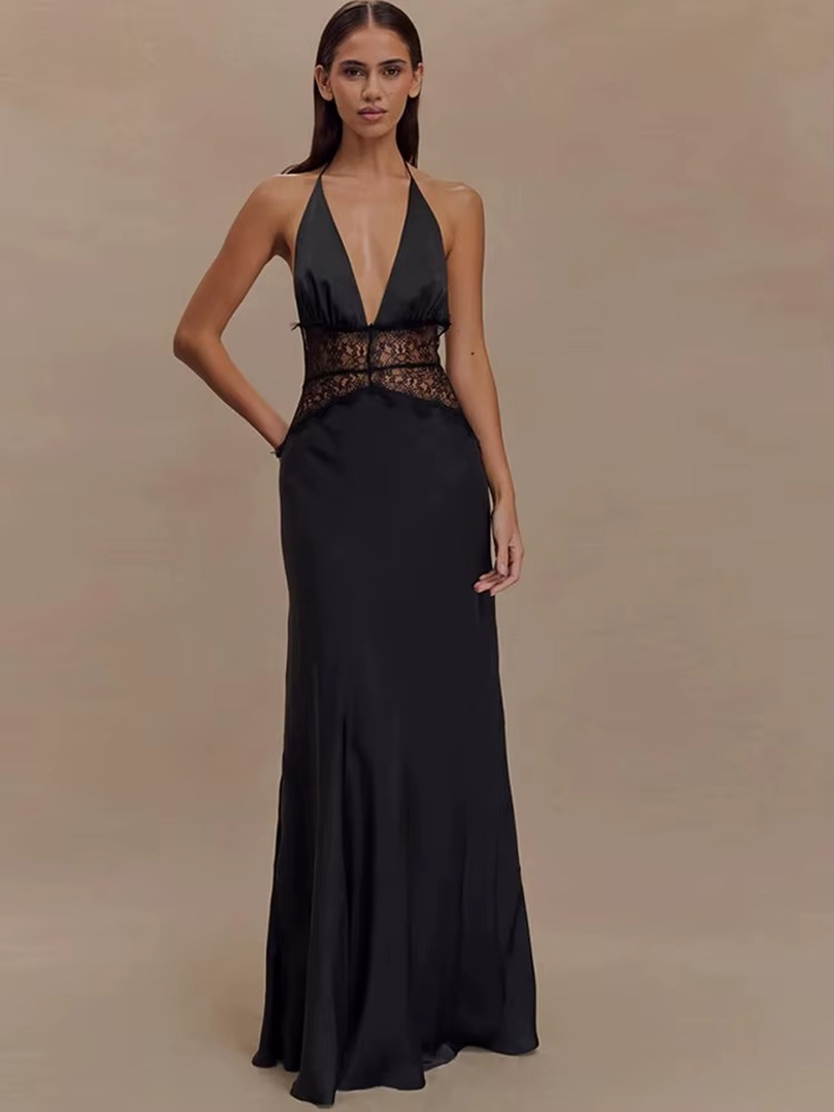 Alvara Halterneck Lace Panel Maxi Dress – Backless Sleeveless Occasion Gown