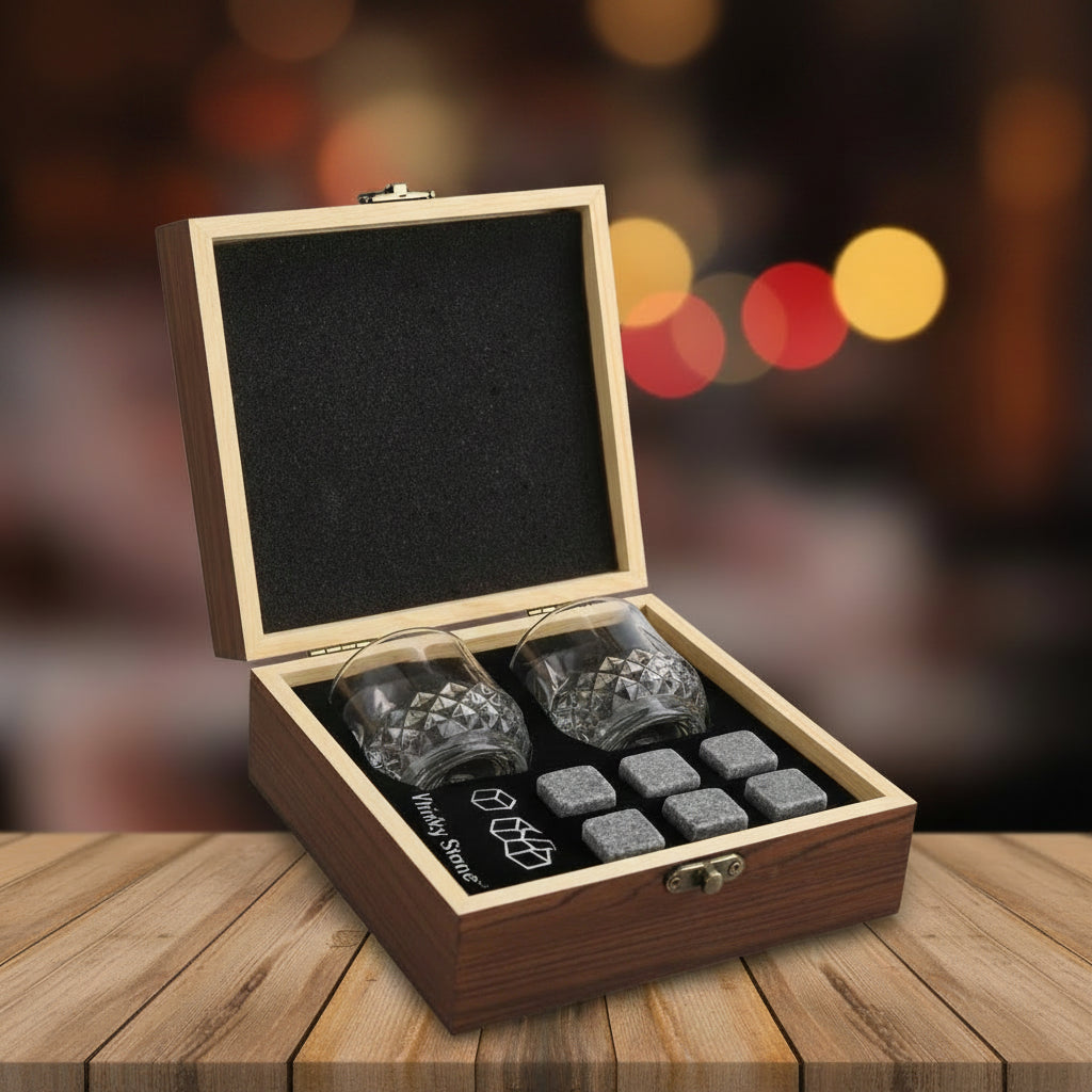 Aurello Whiskey Glass Gift Set – Crystal Glasses with Whiskey Stones & Wooden Box
