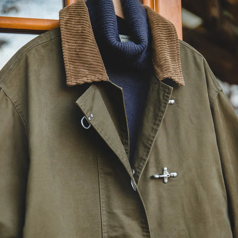 Kenslow Men’s Cotton Utility Trench Coat – Toggle Front Jacket with Corduroy Collar