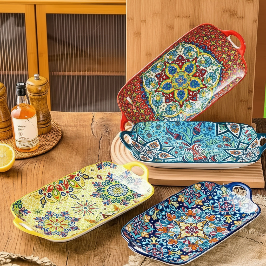 Calvero Ceramic Serving Tray – Rectangular Dish with Handles