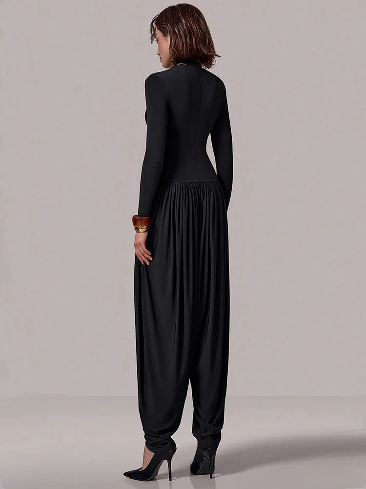 Naerra Draped Harem Jumpsuit – High Neck Long Sleeve Bodysuit One-Piece for Contemporary Evening & Occasionwear
