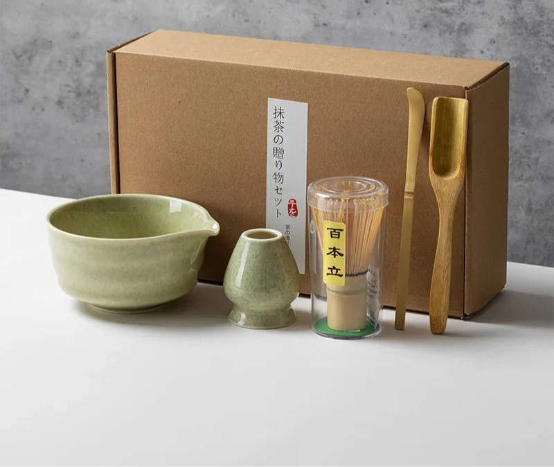 Matcha Tea Set with Ceramic Bowl & Bamboo Accessories – 4/5/6 Piece Traditional Japanese Matcha Kit in Sage Green
