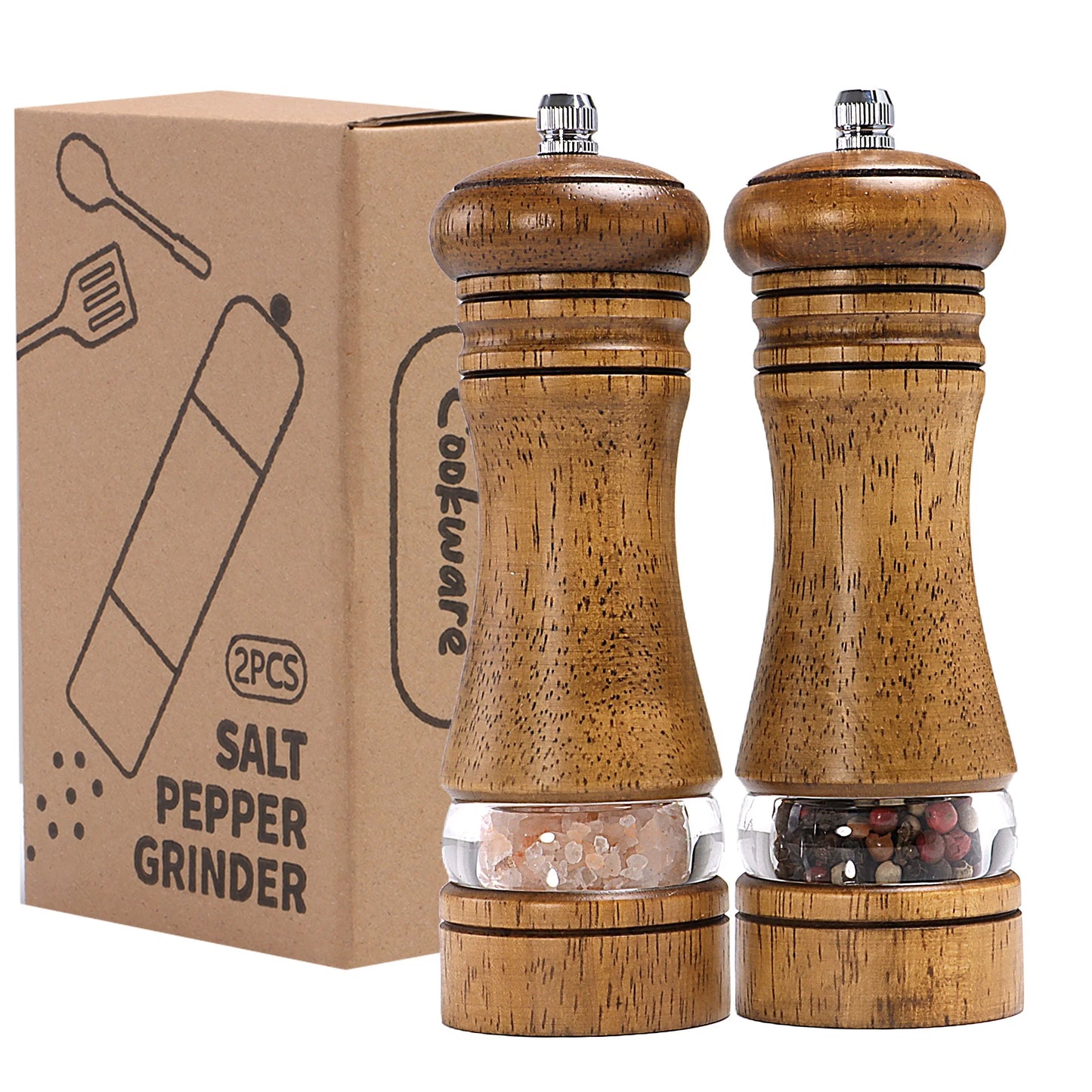 Premium Wooden Salt and Pepper Grinder Set – Adjustable Ceramic Mill with Clear Acrylic Window