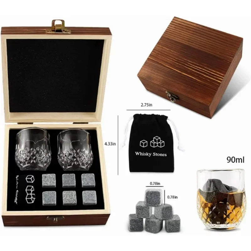Aurello Whiskey Glass Gift Set – Crystal Glasses with Whiskey Stones & Wooden Box