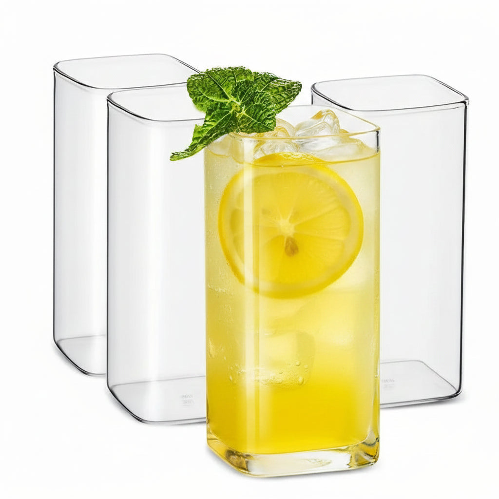 Square Glass Tumblers – Clear Drinking Glass Set