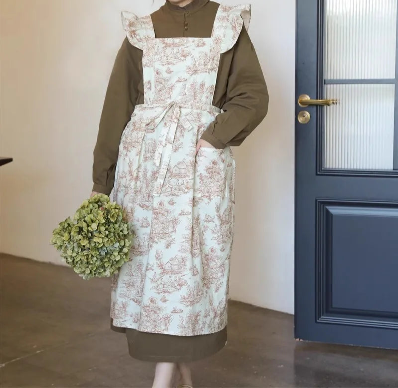 Water-Repellent Floral Ruffle Apron Dress – Vintage Full-Length Apron with Shoulder Frills and Tie Waist for Kitchen & Home