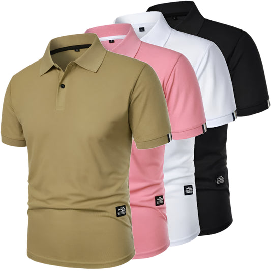 Five polo shirts in beige, pink, white, and black arranged in a row on a white background.