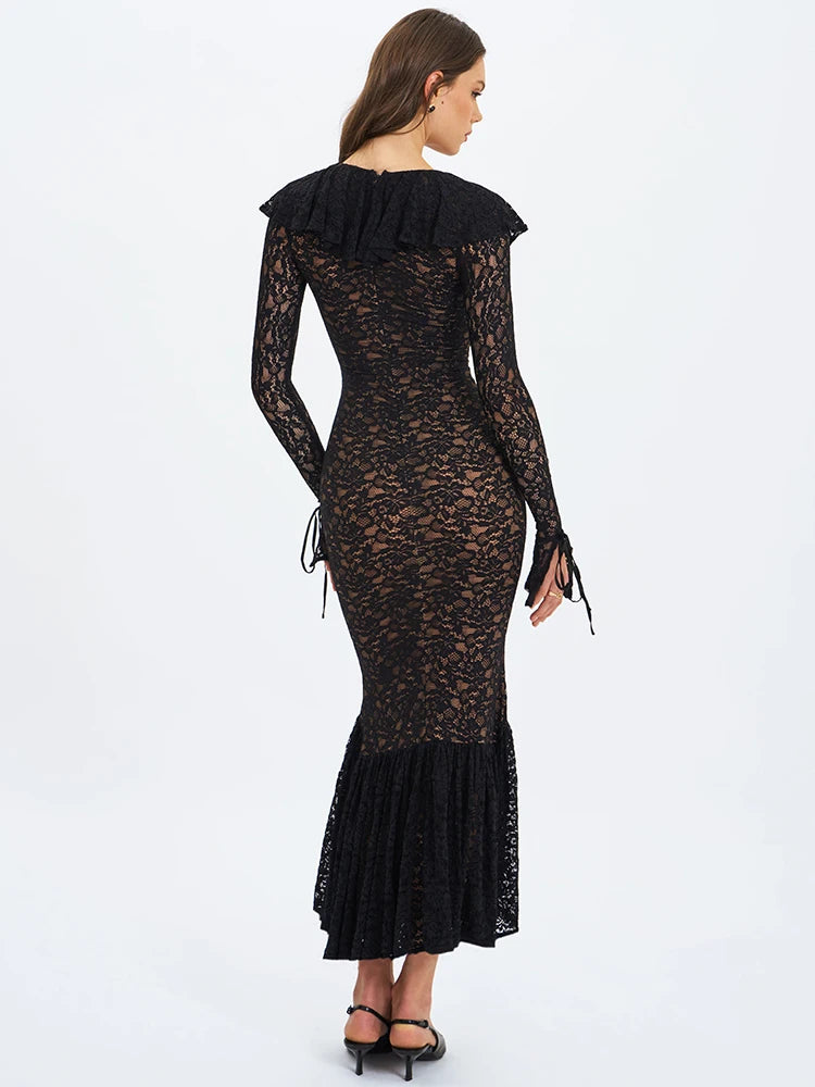 Milenna Lace Bodycon Midaxi Dress – Long Sleeve Black Occasionwear Formal Evening Gown