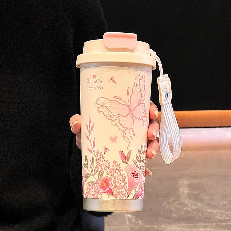Floral Stainless Steel Travel Cup with Lid & Strap – Double Wall Insulated Coffee & Tea Tumbler 500ml
