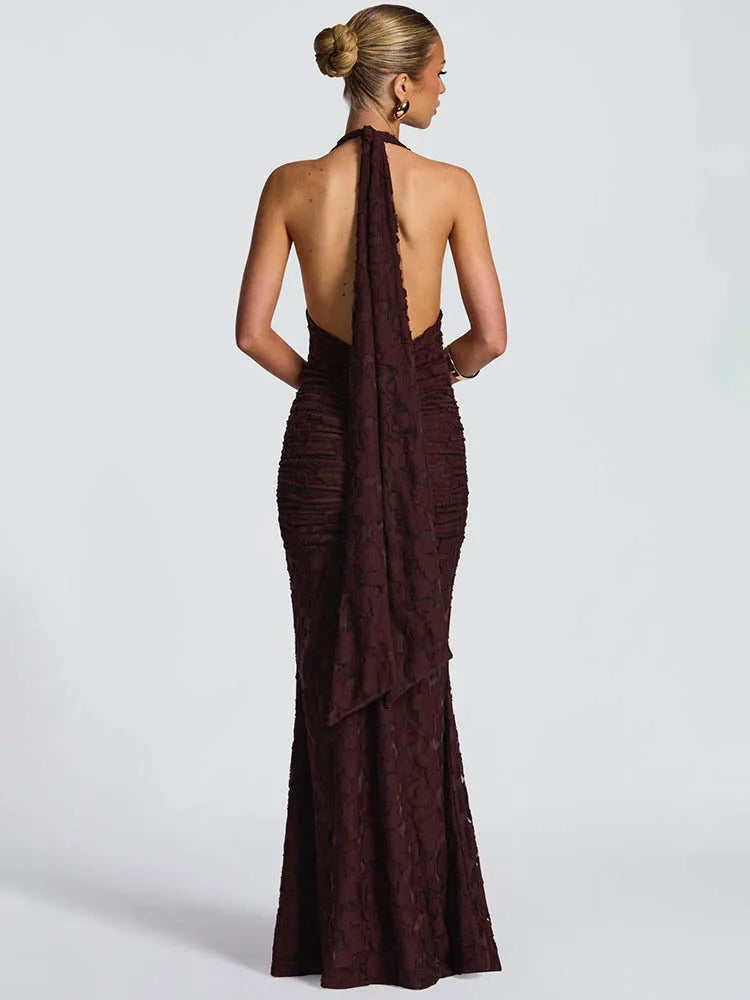 Selencia Halter Neck Plunge Maxi Dress – Backless Ruched Fit-and-Flare Evening Gown for Elegant Occasions, Parties & Wedding Guest Outfits