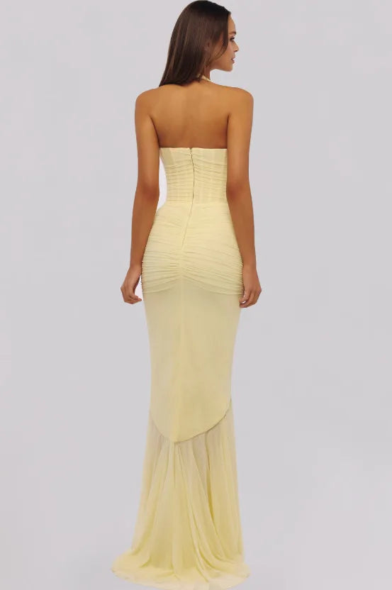 Soleya Halter Neck Ruched Maxi Dress – Yellow Wedding Guest Dress