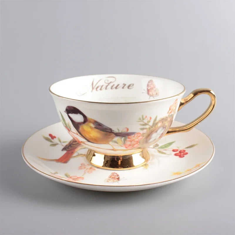 Botanical Bird Cup and Saucer Set – Hand Painted Ceramic Tea Set