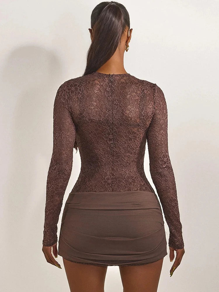 Rosalyn Lace Ruched Mini Dress – Brown Sheer Long Sleeve Partywear & Evening Dress
