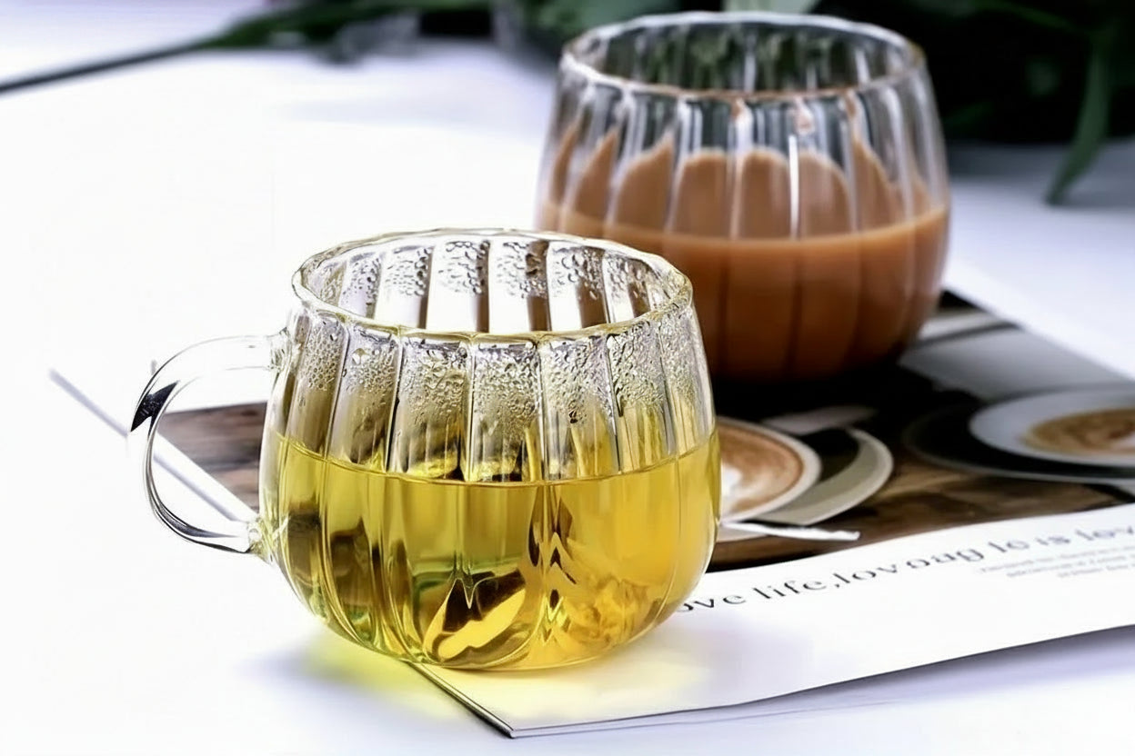 Ribbed Glass Tea & Coffee Mug – Clear Glass Cups with Handle