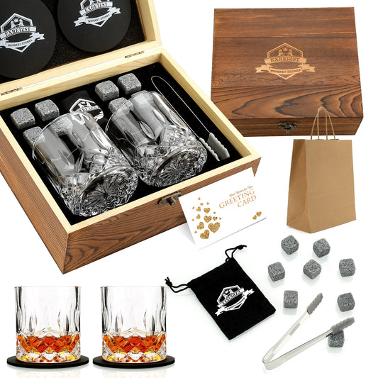 Signature Whisky Stones & Crystal Glass Gift Set in Wooden Box – Chilling Stones, Tongs & Premium Whisky Tumblers