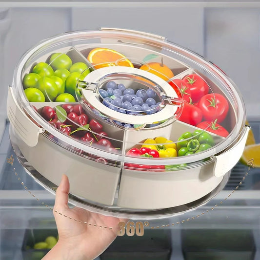 Round Rotating Food Storage Container – 6-Compartment Snack Box with Lid