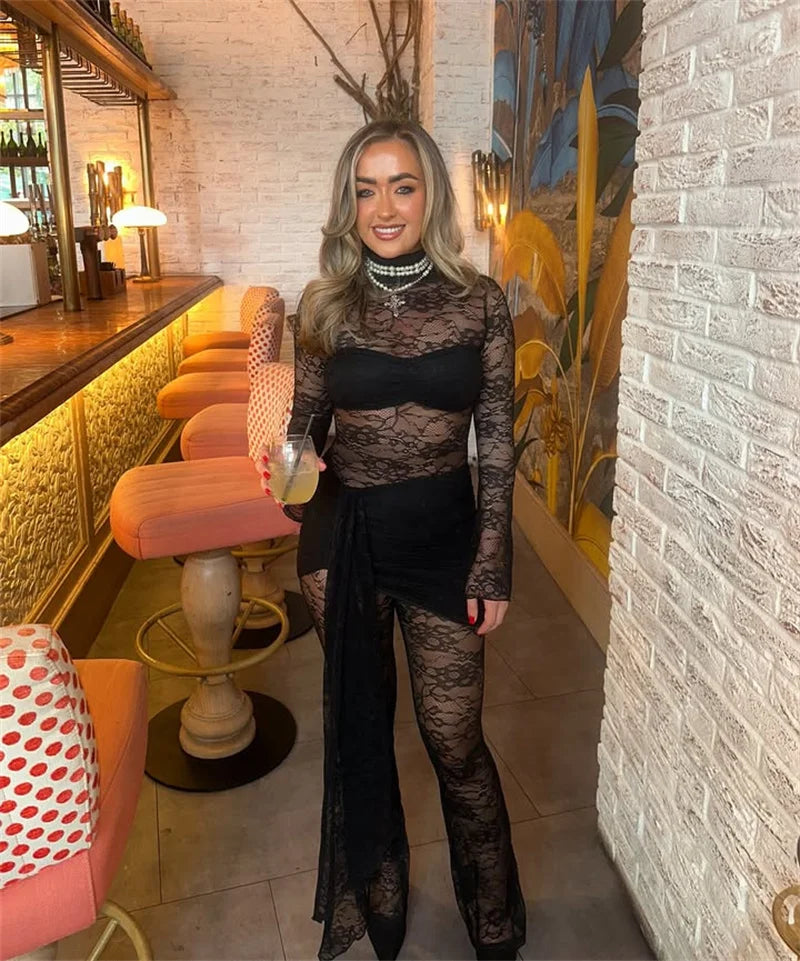 Vionara Lace Sheer Jumpsuit with Draped Wrap Detail – Long Sleeve Mesh Eveningwear for Party & Occasion Outfits