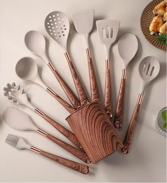 11-Piece Silicone & Wooden Kitchen Utensil Set with Holder – Heat Resistant Cooking Tools