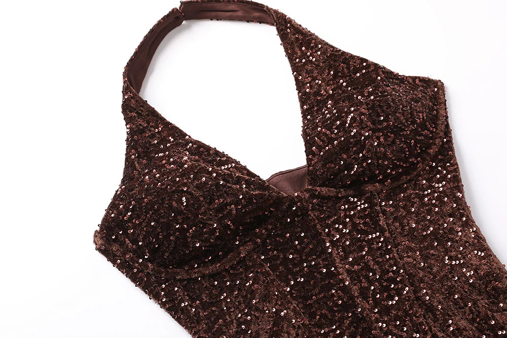 Virella Halter Neck Sequin Maxi Dress – Brown Evening Gown, Wedding Guest & Partywear Dress