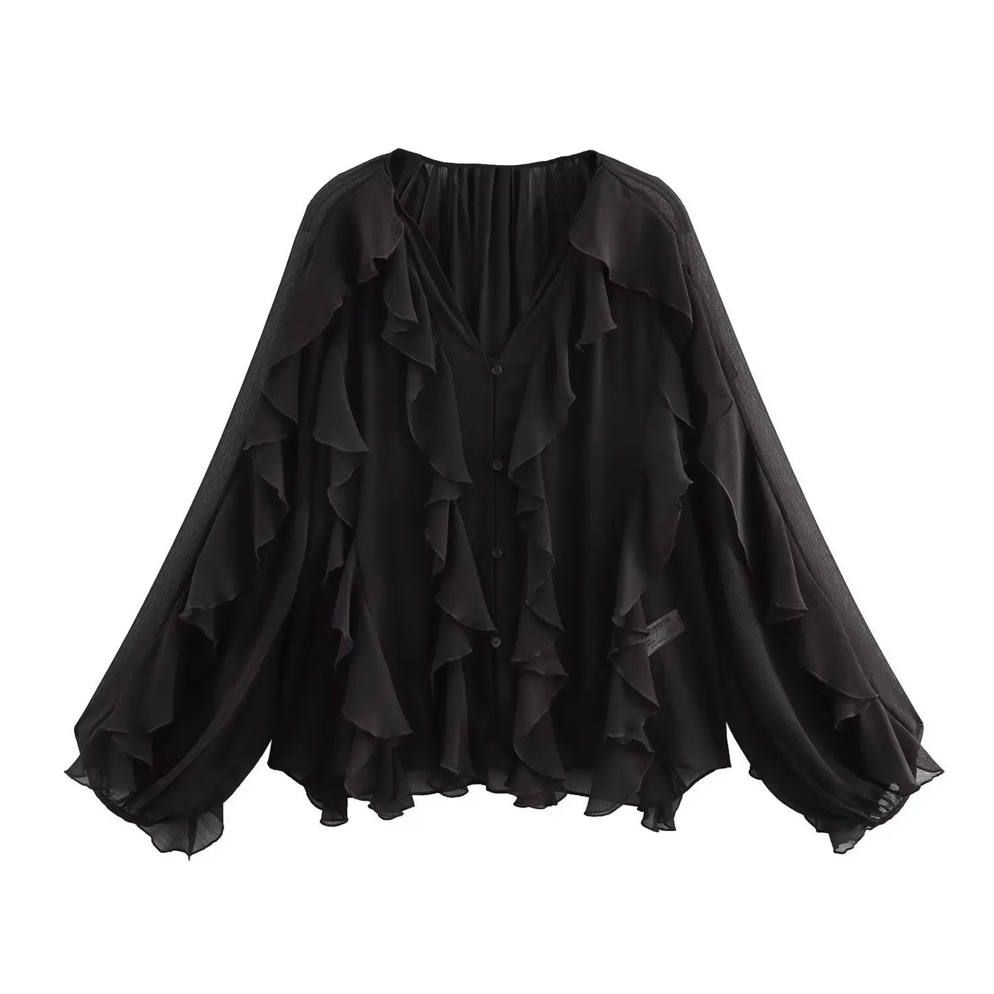 Senara Flared Ruffle Blouse – Feminine V-Neck Shirt in Claret, Green, Cream & Black