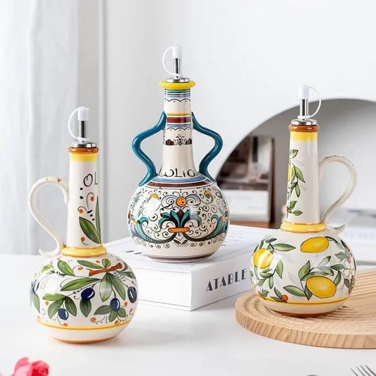 Hand-Painted Ceramic Olive Oil & Vinegar Bottle – Italian Style Cruet with Pourer for Kitchen & Dining