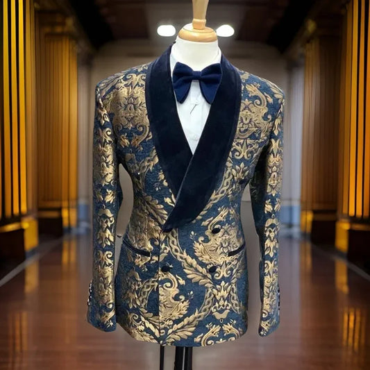 Cavendish Men’s Slim Fit Navy & Gold Brocade Dinner Jacket – Double-Breasted Velvet Shawl Lapel Tuxedo Blazer for Weddings & Black-Tie Events