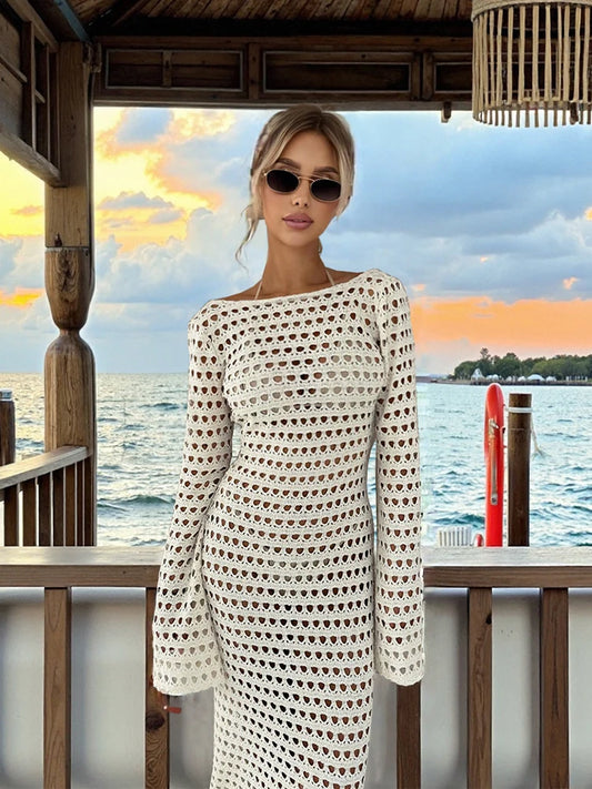 Zarevia Backless Crochet Knit Maxi Dress – Long Sleeve Sheer Swimwear Cover Up with Flared Cuffs