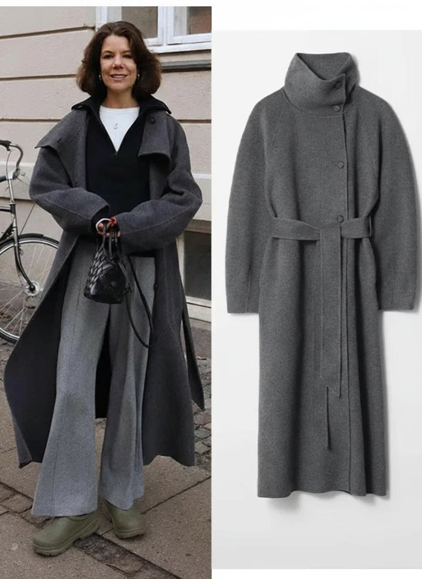 Adelisse Belted High Neck Wool Blend Maxi Coat – Women’s Longline Winter Overcoat with Statement Collar