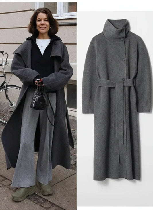 Adelisse Belted High Neck Wool Blend Maxi Coat – Women’s Longline Winter Overcoat with Statement Collar