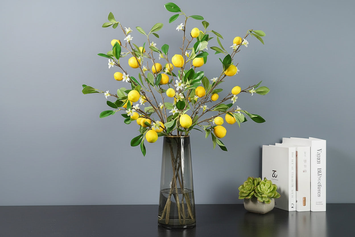 Sorrento Lemon Branch – Lemon Stem with Blossom Detail for Vase Arrangements and Kitchen Décor