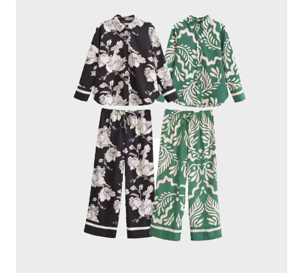 Callista Printed Co-Ord Set – Button-Up Shirt and Wide-Leg Trousers in Black or Green