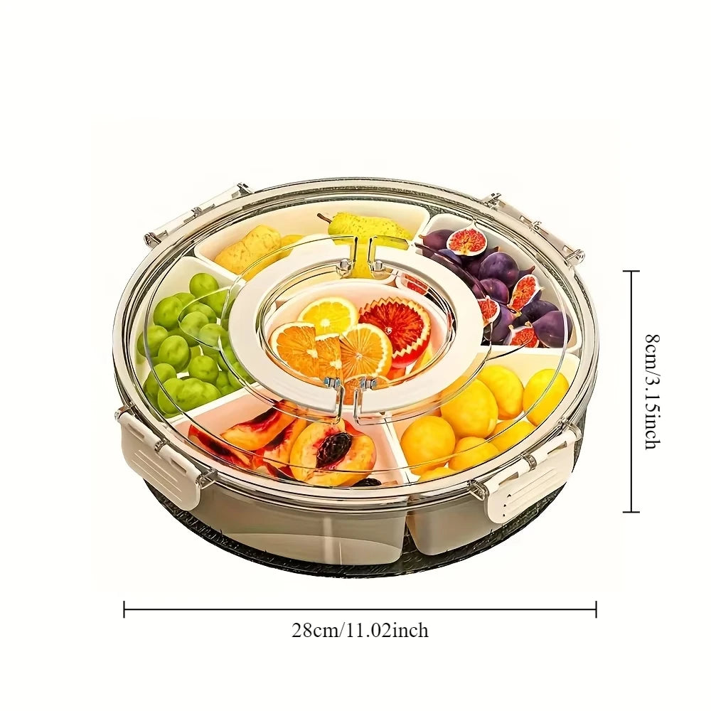 Round Rotating Food Storage Container – 6-Compartment Snack Box with Lid