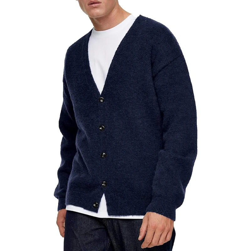 Men’s Button-Up V-Neck Cardigan – Relaxed Fit Lightweight Knit Jumper for Layering
