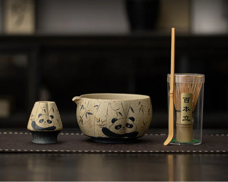 Bamboo Grove Ceramic Tea & Coffee Gift Set – 2, 4, & 8 - Piece Complete Home Tea Kit with Panda & Flower Design Bowl, Whisk and Scoop