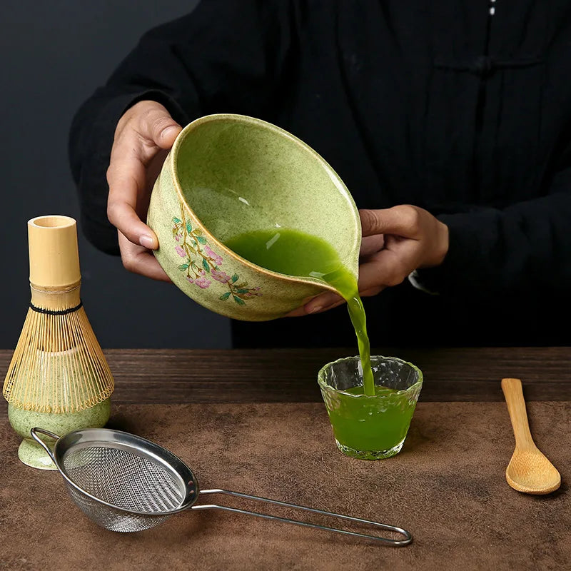 Traditional Japanese Matcha Tea Set – 5 Piece Sakura Matcha Bowl, Whisk, Scoop, Sieve & Holder Gift Kit