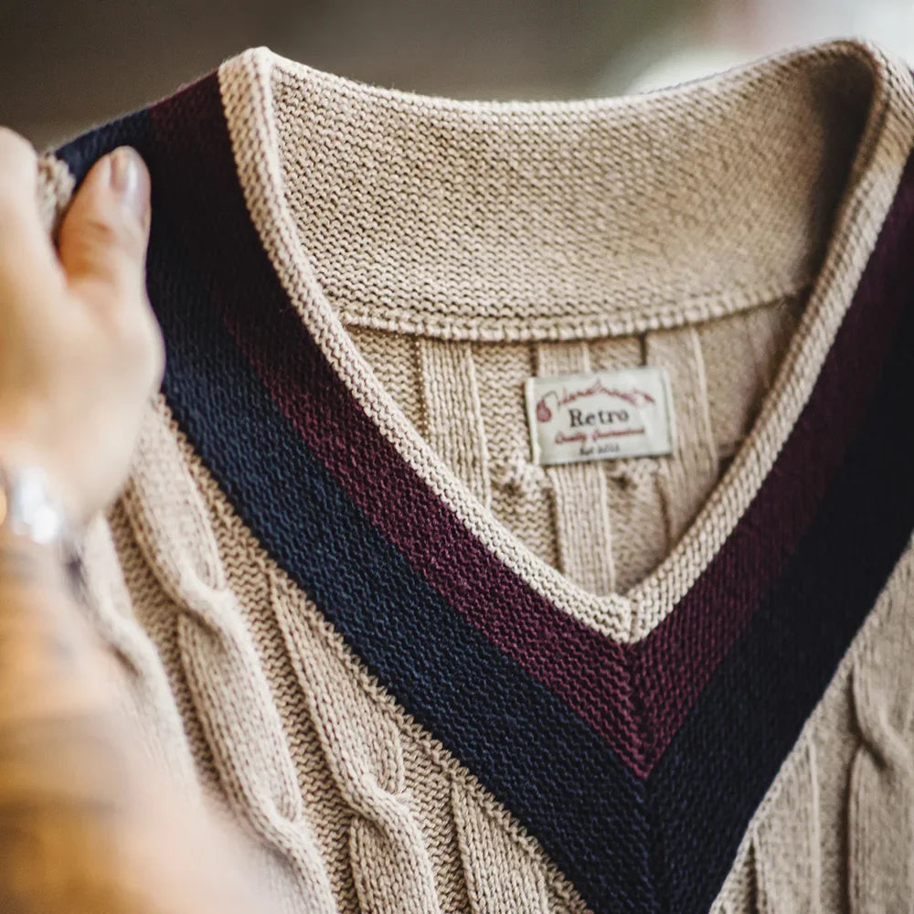 Colston Men’s Cable Knit V-Neck Sleeveless Jumper – Taupe Ribbed Hem Knitwear Vest with Contrast Stripe Trim