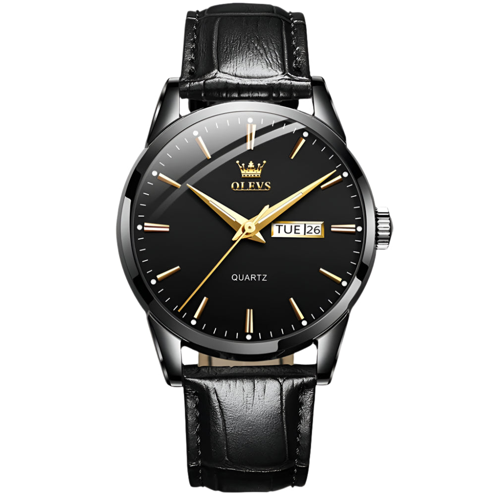 Men's Luxury Gold Watch With Leather Strap And Day/Date Display