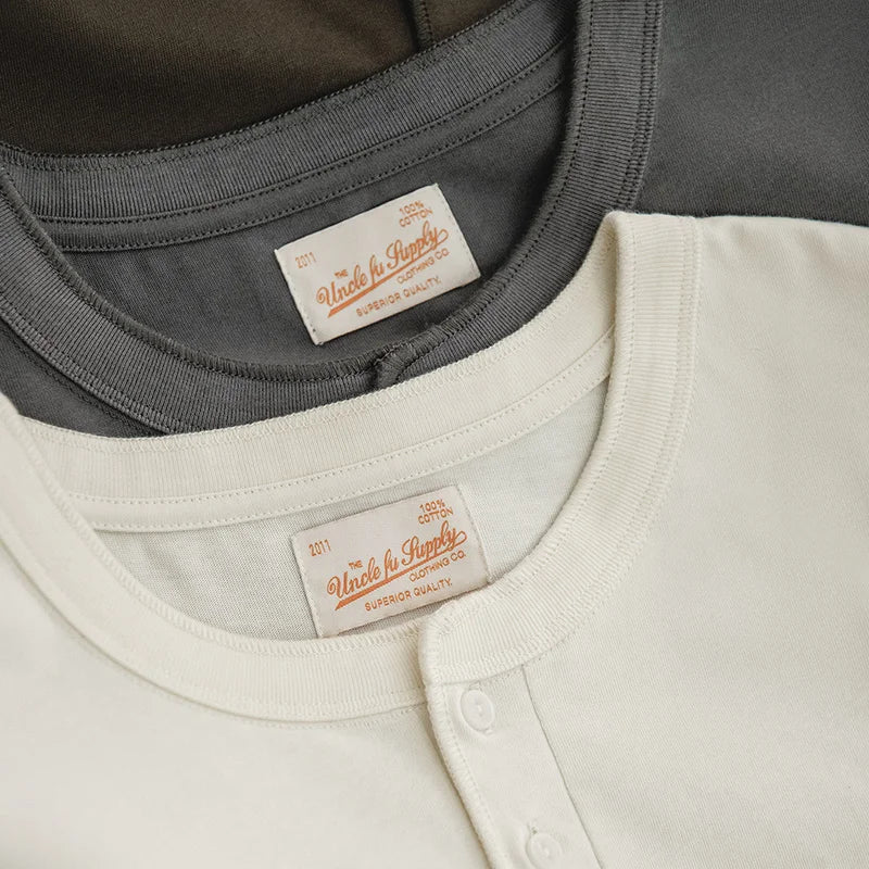 Henley Buttoned Short Sleeve T-Shirt – Premium Structured Fit Essential in Navy, Cream, Grey & Army Green