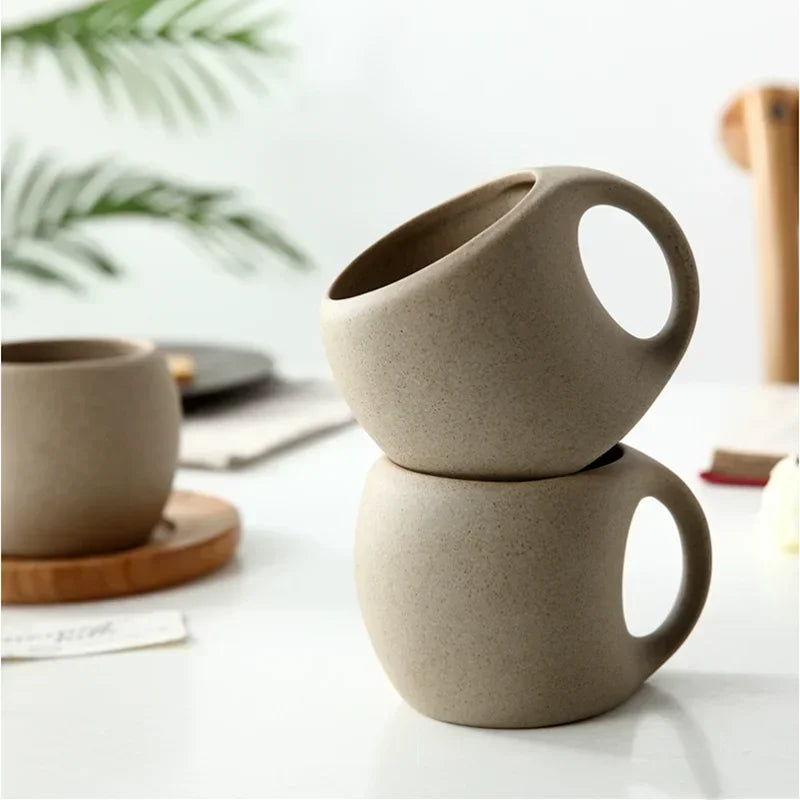 Mareno Ceramic Jug and Cup Set with Wooden Saucers – Rustic Drinkware Serving Set